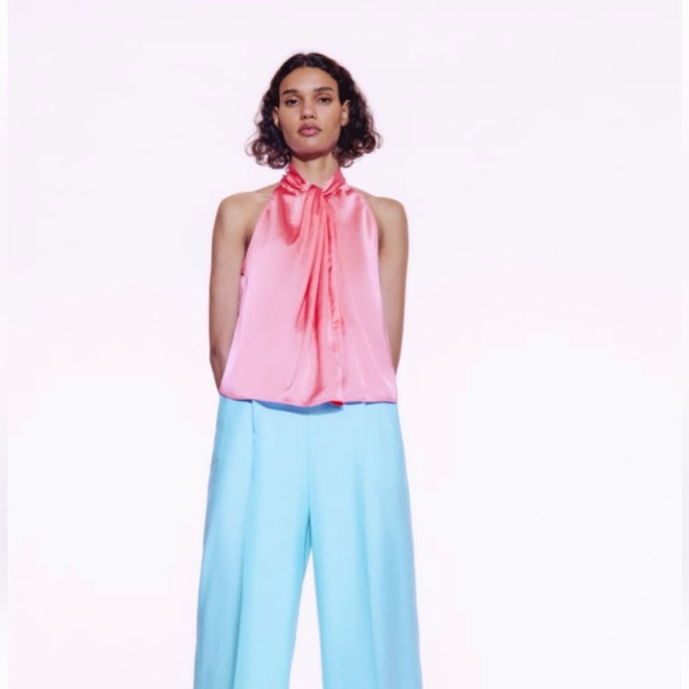 ZARA Knotted Satin Top - Bubble Gum - Size Medium